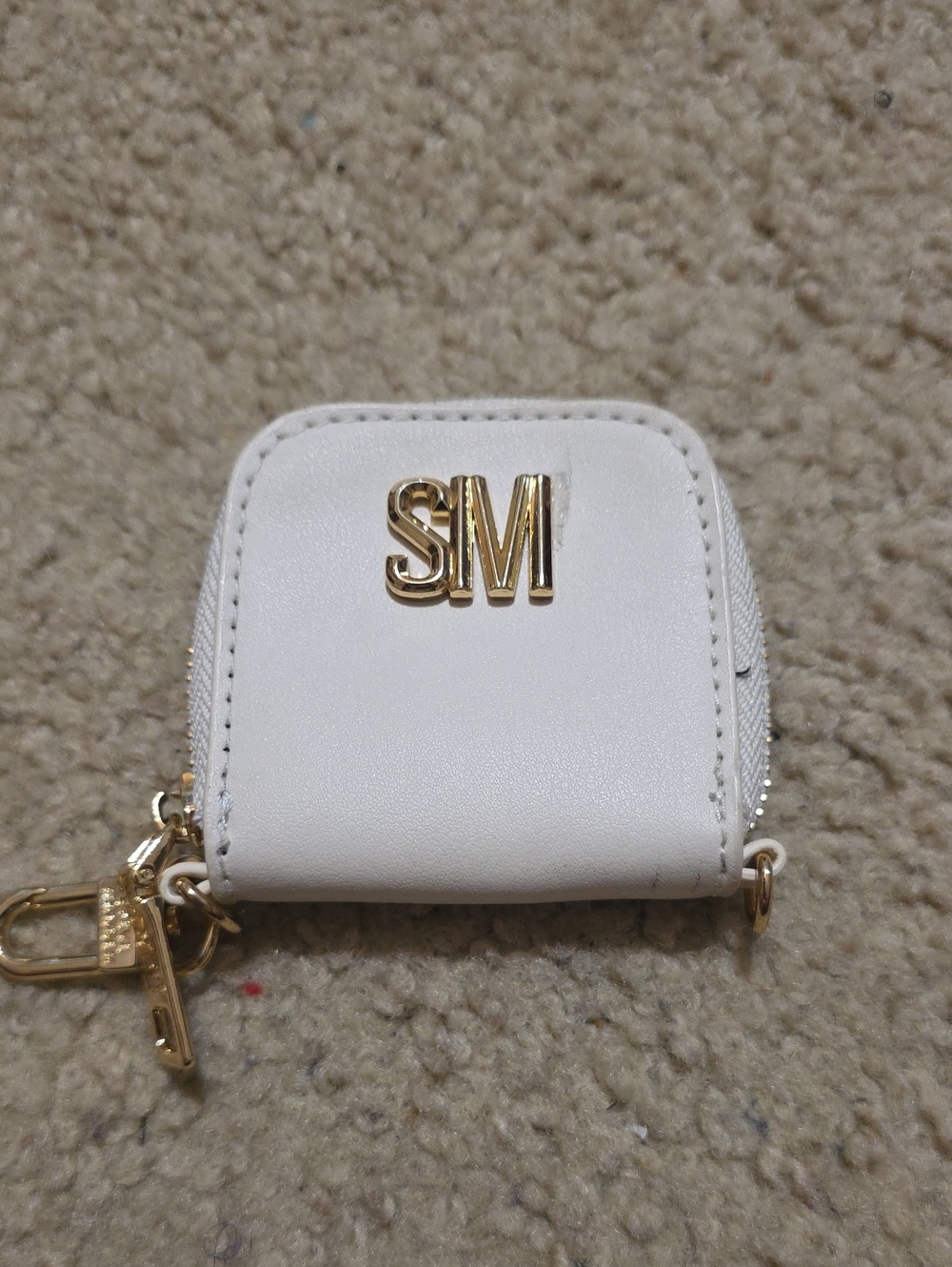 SM Monogram White Leather Mini Coin Pouch with Gold Hardware
